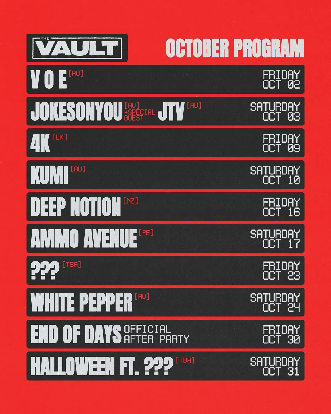 What's on at The Vault, October 2026